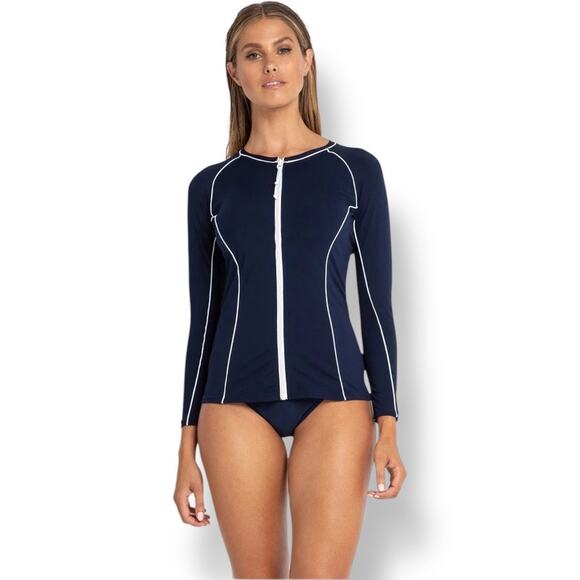 Azura Pool Surf Ryder Rash Vest Navy Blue White Trim Long Sleeve Rash Guard 6 - Picture 1 of 10